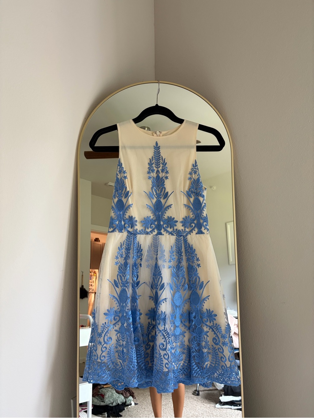 Altar’d State Ivory and Blue Embroidered Fit & Flared Fit
